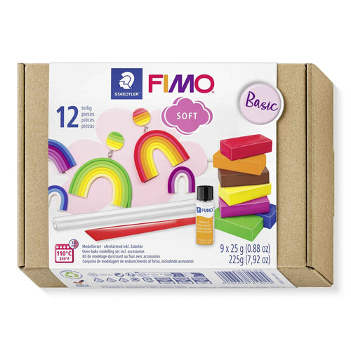 STAEDTLER® FIMO® soft 8023 ofenhärtende Modelliermasse, Materialpackung "Basic Set", 9 Halbblöcken 25g, 1 Glanzlack, 2 Modellierwerkzeuge