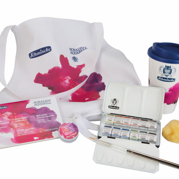 Aquarellmalset inklusive Schürze, Becher, Farben und Schwamm