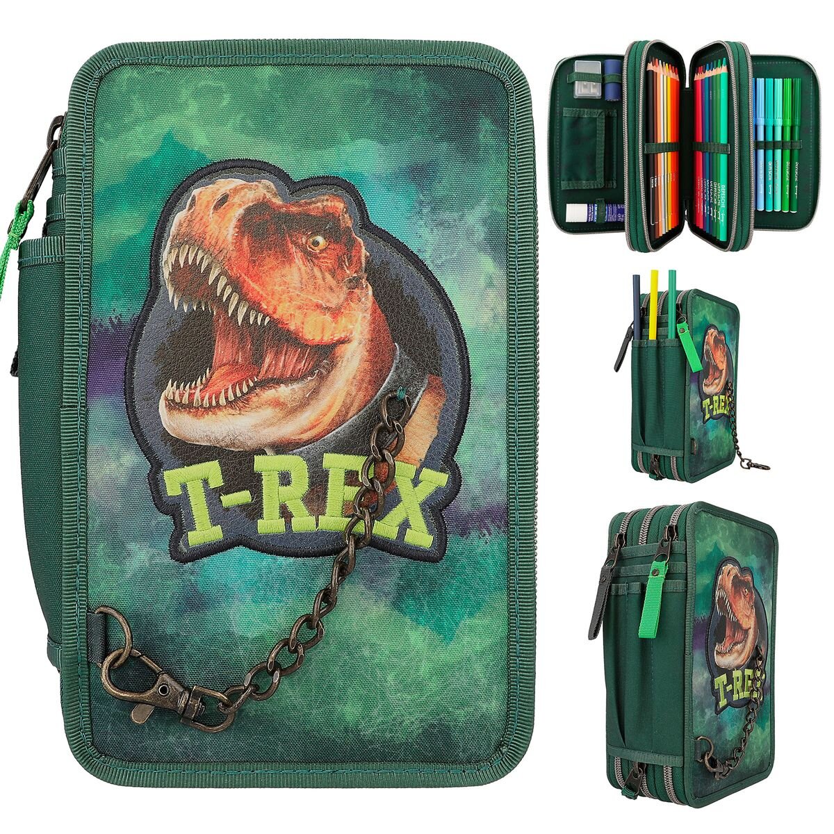 Depesche 12506 Dino World 3-Fach Federtasche mit Kette Grün