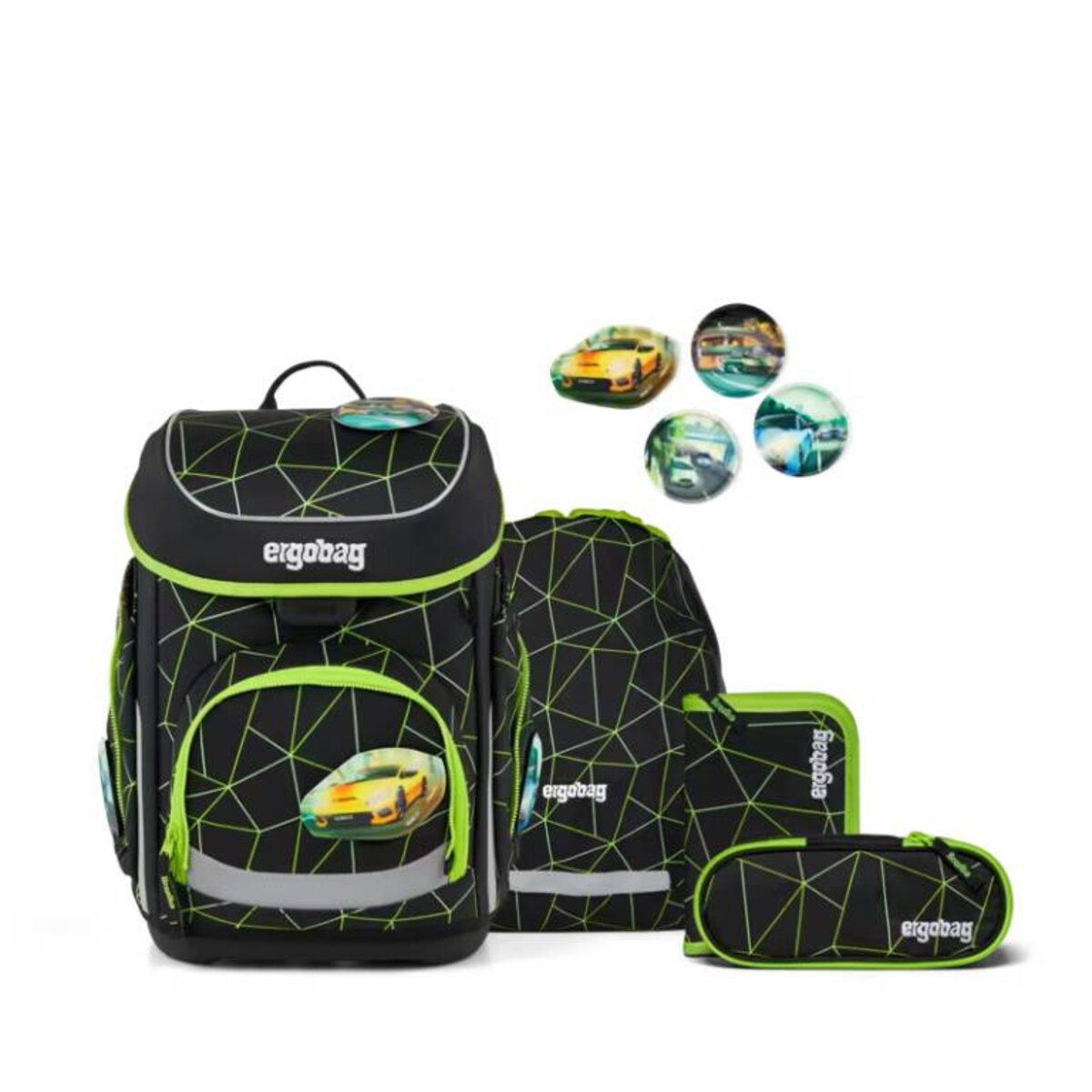 ergobag cubo Set Schulranzen-Set CyBär Race Schwarz Grün 5-teilig 19 Liter