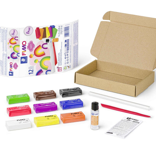 STAEDTLER® FIMO® soft 8023 ofenhärtende Modelliermasse, Materialpackung "Basic Set", 9 Halbblöcken 25g, 1 Glanzlack, 2 Modellierwerkzeuge