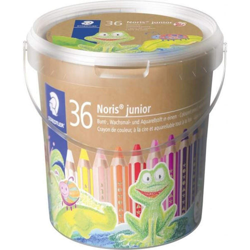 STAEDTLER® Noris® junior 140 Kindermalstift 3 in 1, Eimer mit 36 Malstiften in 18 sortierten Farben und 3 Spitzern